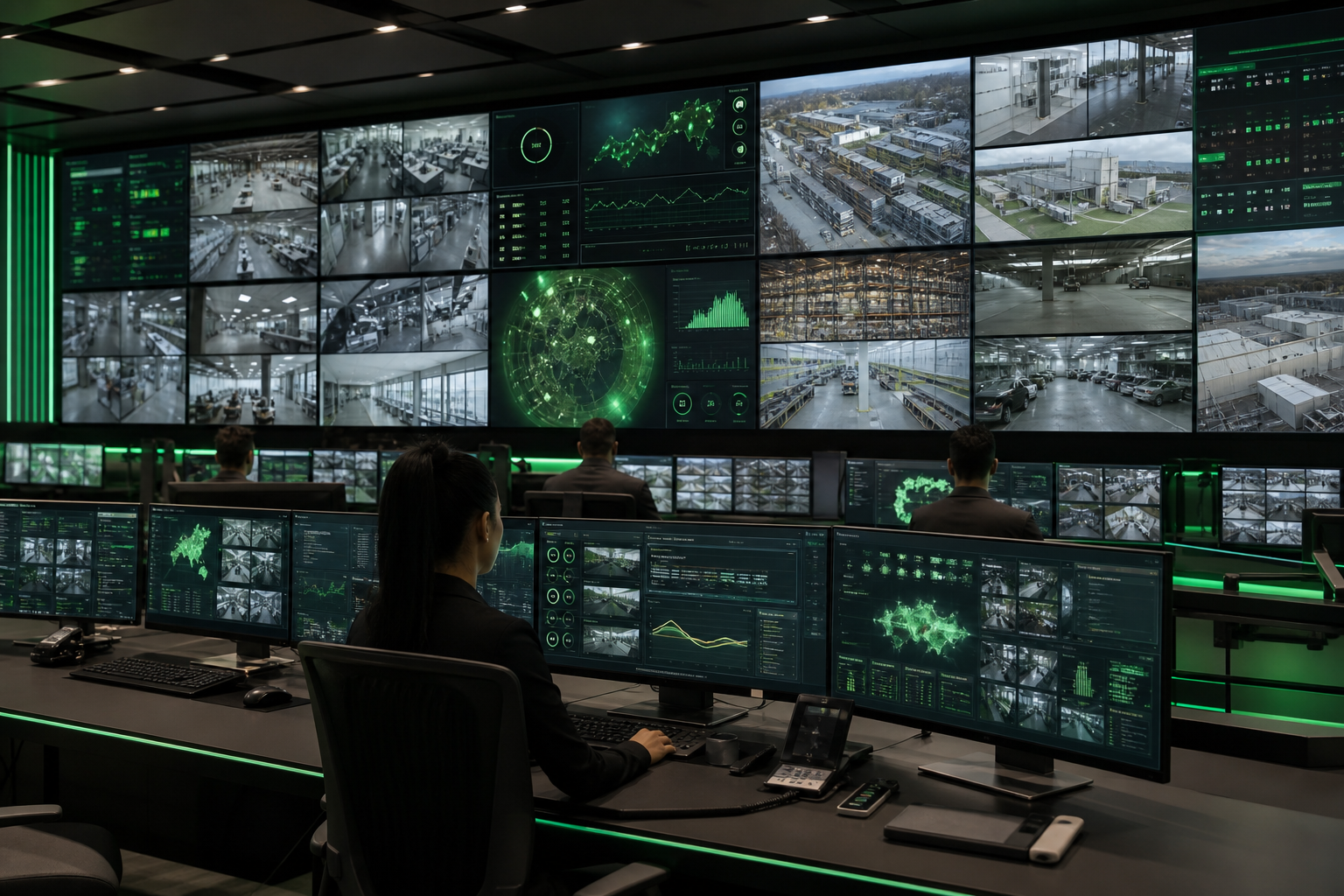 Command center monitoring AI video wall with alert queue and camera health